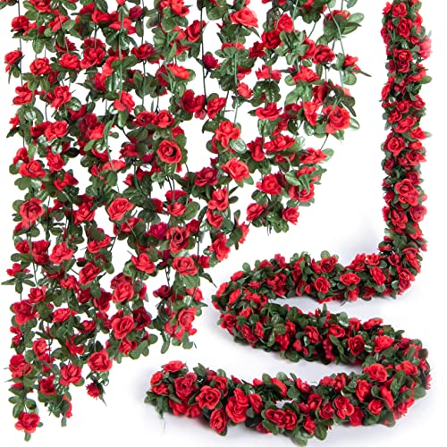 PONKING 8 Pcs x 8.2 ft Flower Garland Artificial Rose Vine Flowers with Green Leaves Hanging Fake Roses Vine for Room Party Home Wedding Birthday Christmas Wall Arch Decor, Spring Red Flower - color: Spring-red-8pcs, size: 8 Vines 66FT