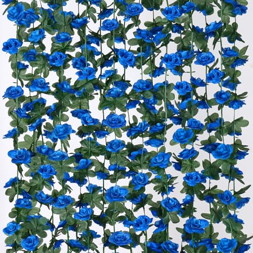 KHOYIME 9 Pack 72 FT Artificial Flower Garland, Fake Blue Roses Vines Silk Flowers Faux Plastic Outdoor Hanging Floral Ivy Garland Decoration for Wedding Arch Bedroom Home Wall Backdrop Room Decor - color: Blue, size: 9pcs
