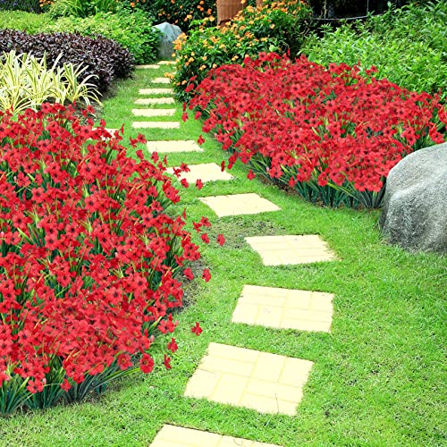 Ouddy Decor 12 Bundles Artificial Flowers for Decorations Fake Silk Plants for Outdoor Indoor UV Resistant Faux Plastic Greenery Stems for Window Box Garden Porch Home Spring Decoration, Red - color: Red, size: 12 Bundles