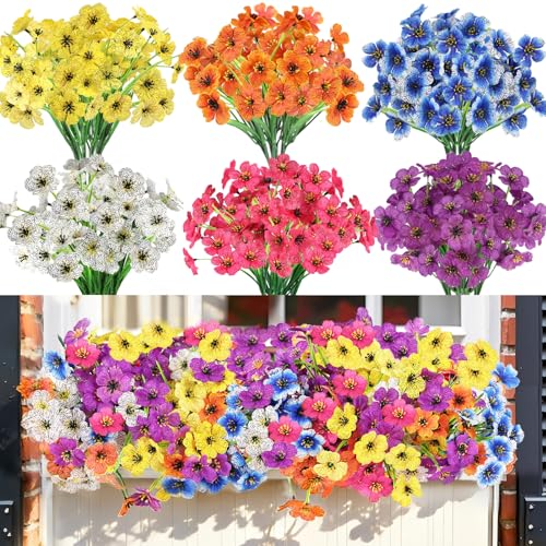 Nepfaivy Fake Outdoor Flowers Uv-Resistant - 24 Bundles 6 Colors Realistic Artificial Flowers, Plastic Faux Flowers for Outdoor Planters, Silk Fake Flowers for Outside to Decor Patio Porch Garden Yard - color: Multi 6 Colors 24pcs
