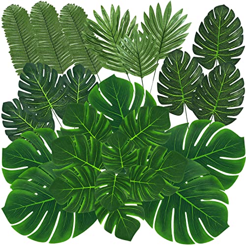 QUANQIUFEI 100 Pcs 9 Kinds Artificial Palm Leaves, Monstera Gold Faux Leaves for Safari, Jungle, Hawaiian, Luau Party Table Decoration (Color B) - color: Color B