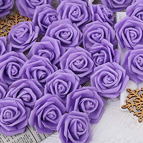 IPOPU Artificial Rose Flower Heads, 100 Pcs Real Looking Purple Foam Fake Roses for DIY Wedding Baby Shower Centerpieces Arrangements Party Tables Home Decorations (Purple 1, Stemless) - color: Purple 100pcs