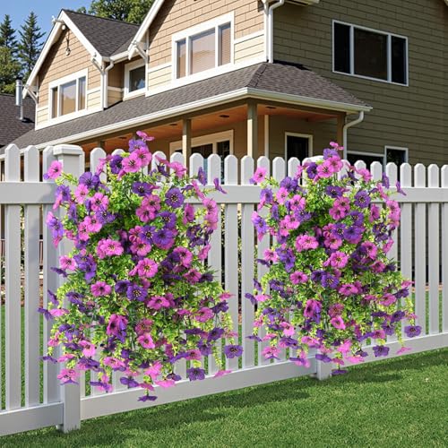INQCMY Artificial Hanging Flowers with Basket for Spring Outdoor Decoration 3 Bunches of Silk Daisy Flower Uv Resistant for Garden Porch Patio Balcony Yard Decor (Purple1) - color: Purple1
