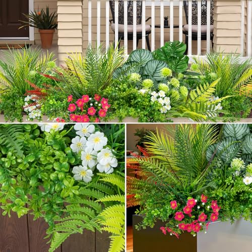 20 Pcs Artificial Plants Outdoor Fake UV Resistant Artificial Flowers Greenery Stems Boston Fern Faux Shrubs Plastic Plants for Garden Porch Planter Window Box Home Decor - color: Green
