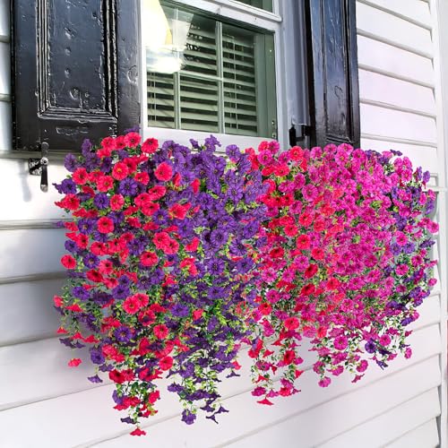 Artificial Hanging Petunias Flowers for Outdoor, 2pcs Fake Plants Long Vine Morning Glory Eucalyptus, UV Resistant Realistic Faux Greenery Outside Patio Porch Garden Spring Summer Decor, Dark Purple - color: Purple