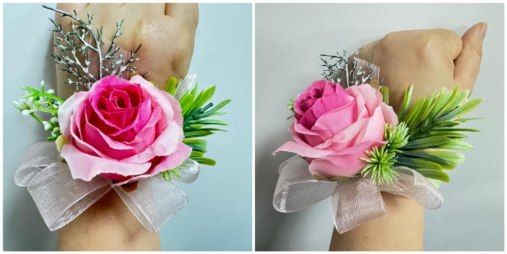 Rikyo Rose Wrist Corsage Wristlet Band and Men Boutonniere Set, Corsage for Prom,Bride Hand Flower,Wedding Flowers Ceremony,Wedding Party Prom Decor,Handmade Petals Hair Hat Wreath (Deep Pink) - color: Deep Pink