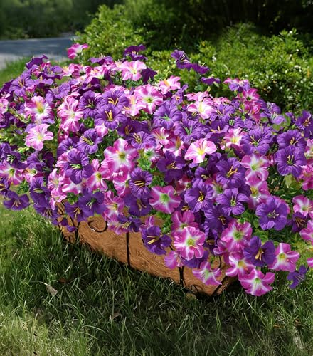 Artificial Flowers for Outdoors Fake Plants Outside Decoration, 20 Bundles Silk Petunia with Eucalyptus UV Resistant Realistic Faux Flowers for Outdoor Planters Garden Balcony Yard Porch Patio, Mix - color: 10 Purple, 10 Gradient Fuchsia
