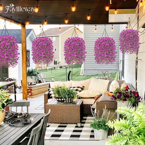 Artificial Hanging Flowers for Outdoors Spring Summer Decoration, 4PCS UV Resistant Silk Fake Hanging Plants for Patio Porch Front Yard Window Garden Indoor Decor(Purple,4PCS) - color: Purple, size: 4PCS