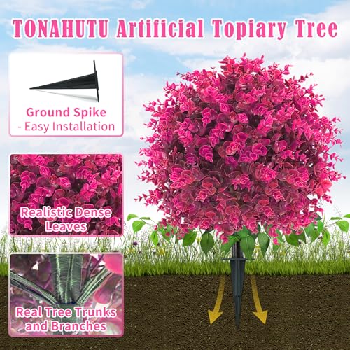 Artificial Topiary Tree with Eucalyptus, Set of 4 UV Resistant Fake Evergreen Shrubs with Ground Spike for Porch, Artificial Plants for Outdoor Indoor Garden Planters, Lifelike Decor - color: Pink