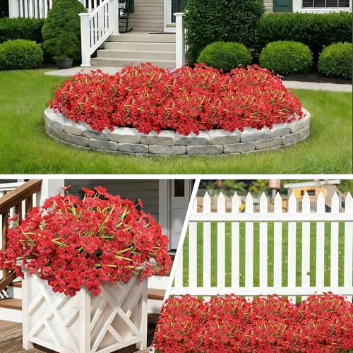 20 Bundles Artificial Flowers for Outdoors, UV Resistant Fake Flowers with Plastic Plants, Faux Silk Flowers for Planter outdoors, Fake realistic flowers For Window Box Front Porch Patio Decor-Red - color: Red