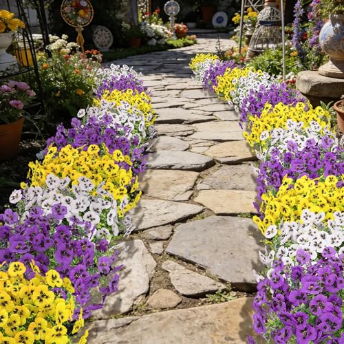 Ouddy Decor 20 Bundles Artificial Pansy Flowers for Outdoors, Fake Silk Flowers Faux Plants UV Resistant for Vase Table Balcony Planter Porch Yard Garden Indoor Outdoor Home Decor, Purple Yellow White - color: Purple Yellow White