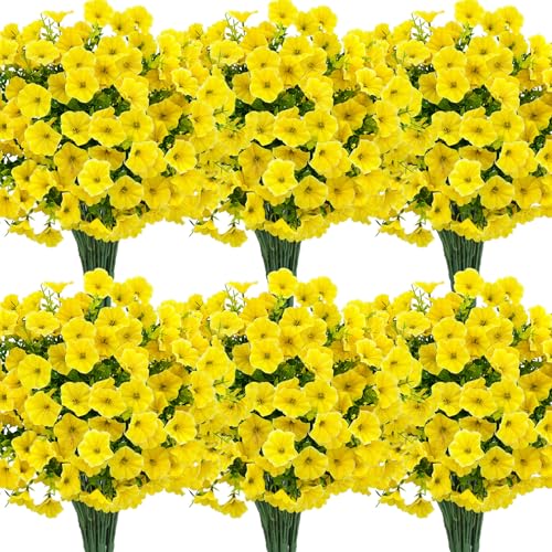 Roberly 12 Bundles Artificial Flowers for Outdoors, Fake Flowers Silk Morning Glory with Eucalyptus UV Resistant Faux Plants for Spring Summer Garden Outside Porch Patio Yard Home Decor, Yellow - color: Yellow