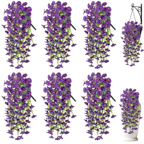 Artificial Hanging Flowers for Outdoors, 6 PCS Silk Morning Glory Artificial Flowers with Eucalyptus Leaves, UV Resistant Fake Flower Realistic Faux Plants for Home Patio Porch Garden Decor, Purple - color: Purple