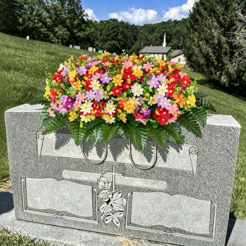 XONOR Artificial Cemetery Flowers Saddle, Artificial Memorial Silk Daisy Flowers for Grave Headstone Decoration, Assorted Colors Daisy for Spring Summer Decoration (Saddle) - color: Saddle