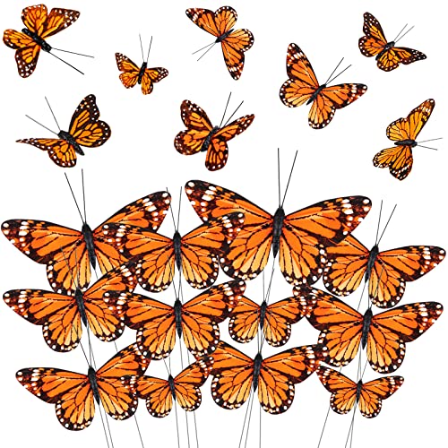 24 Pcs Monarch Butterfly Decorations 4 Size Artificial Monarch Feather Fake Butterfly Picks Crafts with Wire for Wall Flower Pot Spring Floral Party Home Decor(Orange) - color: Orange