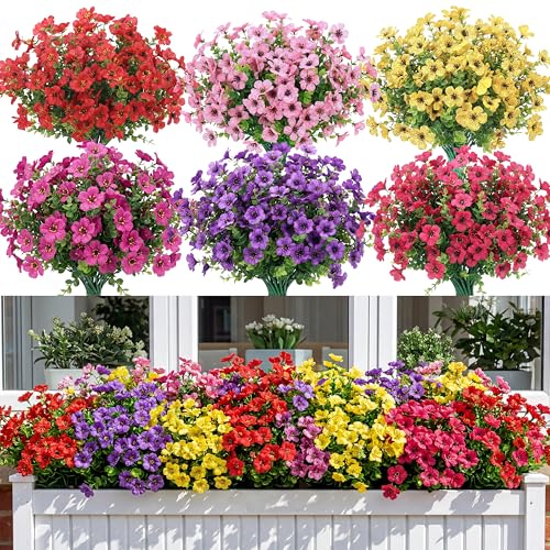 CEWOR Artificial Flowers for Outdoor Indoor, Fake Silk Daisy with Eucalyptus Leaves, Faux Flower for Garden Front Door Porch Planter Patio Home Decor (24 Bundles, 6 Multicolor) - color: 6 Color Daisy
