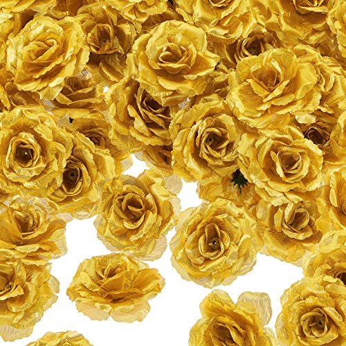 Syhood 100 Pcs Gold Artificial Flowers and Fake Roses Head 3 Inch Real Looking Silk Rose for DIY Wedding Bouquets Bridal Shower Centerpieces Floral Arrangements Party Tables Home Decorations