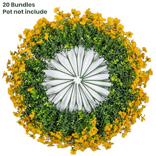 Lnoicy 20 Bundles Artificial Fake Flowers for Outdoor Faux Eucalyptus Flowers for Home Decoration,Fake Plants UV Resistant for Porch/Garden（Yellow） - color: Yellow