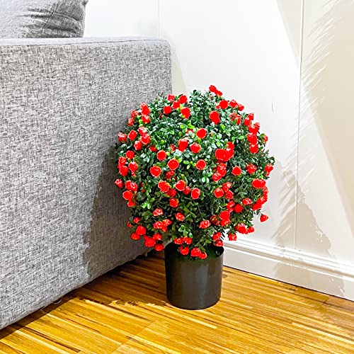 Sunnyglade 21.6” Tall Artificial Rose Topiary Ball Tree Set of 2 Pack Potted Bushes UV Resistant Potted Plants for Indoor Outdoor Home Garden(Red) - color: Red