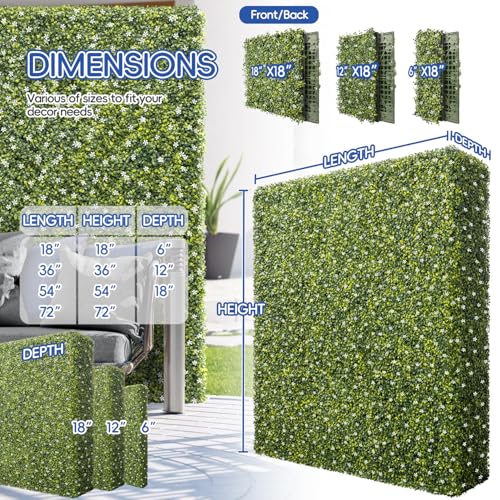 Bynbbur Artificial Hedge Wall 18" Lx18 Hx12 W Boxwood Hedges Outdoor Patio Greenery Walls, Fake Grass Privacy Wall Screens, Office Living Room Divider, Wedding Party Décor (with White Flower) - color: Green with White Flower, size: 18"Lx18"Hx12"W