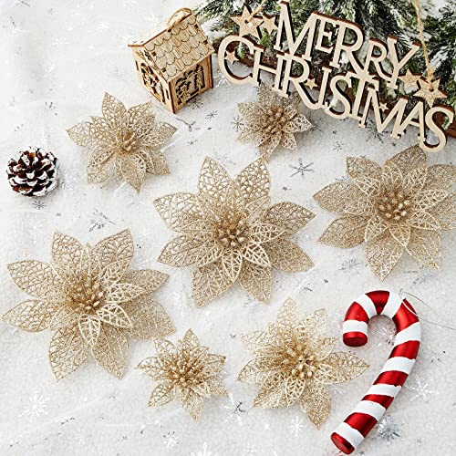 Wironlst 24 Pieces Glitter Poinsettia Flowers Christmas Tree Ornaments, Glitzy Poinsettia Bushes Christmas Decorations for Xmas/Holiday/Seasonal/Wedding (Champagne) - color: Champagne