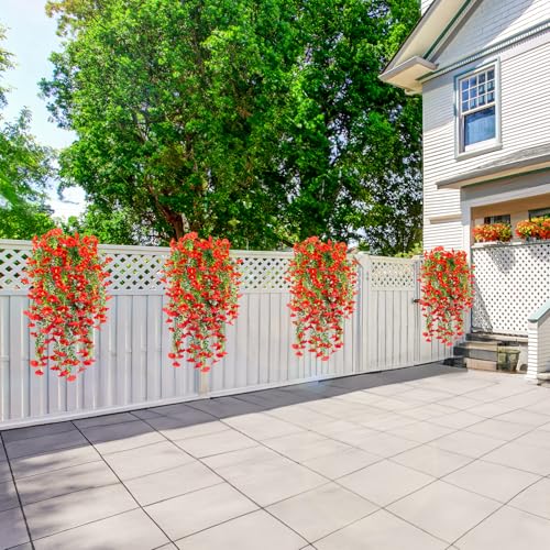 4 Pack Artificial Faux Hanging Flowers Plant for Outdoor, Fake Silk Morning Glory with Eucalyptus UV Resistant Realistic Trailing Vine for Wall Home Porch Patio Balcony Yard Indoor Decor, Red - color: Red