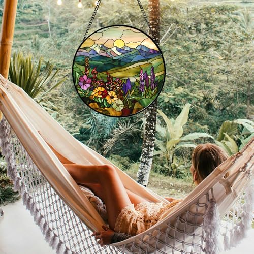 Stained Glass Window Hanging Purple Wildflowers Pastoral Scenery Large 15" - Suncatcher Door Garden Sun Catcher Home Decor Birthday Christmas for Mom Men Woman Friend - color: Yellow Purple, size: 15x15 IN