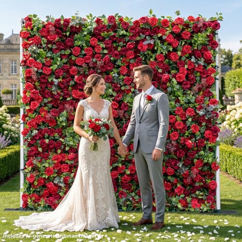 rosemorning 8x8FT Red Artificial Flower Wall Backdrop,5D Silk Flower Wall Panel for Wedding Party Birthday Baby Shower Photo Booth Decor Easy to Install Reusable - color: Rouge-red, size: 8Ft*8Ft