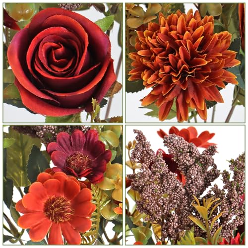 Dremisland Artificial Flowers Like Real Artificial Bouquet 4 Packs Silk Artificial Roses Bouquet with Daisy Chrysanthemum Orange Red Flowers for Centerpiece Table Wedding Party Home Decor - color: Orange&red, size: 4PCS
