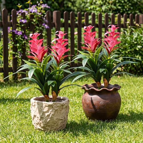 Ivydale Fake Flowers Plants for Outdoors, 2 Pcs 16.93" Bromeliad Artificial Flowers Uv Resistant Realistic Faux Flowers for Outdoor Planters Outside Porch Patio Yard Garden Indoor Decoration(Pink) - color: Pink