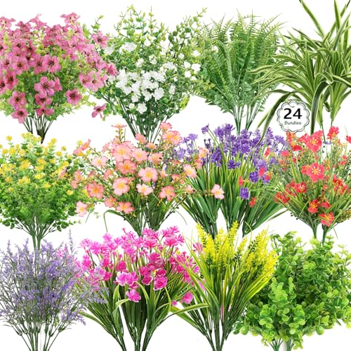 LELEE 24 Bundles Artificial Flowers for Outdoors Fake Silk Flowers Plants UV Resistant Faux Boston Fern Greenery Stems for Spring Garden Indoor Hanging Front Porch Patio Window Box Planter Decor - color: Artificial Flowers for Outdoors