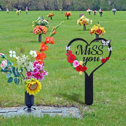 Cemetery Decorations for Grave, Happy Mom Dad Grave Decorations for Cemetery, Memorial Heart Graves Markers for Outdoors - style: Miss You-A