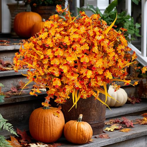 AXYLEX Artificial Mums for Outdoor Fall Flowers - Fake Plants UV Resistant No Fade Faux Plastic Home Decor Garden Porch Patio (1, OrangeMixed) - color: Orangemixed
