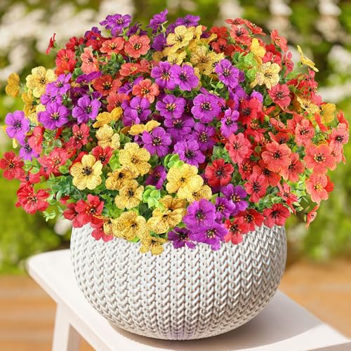 AmyHomie 16 Bundles Artificial Flowers for Outdoor Outside Spring Summer Decoration UV Resistant Faux Flowers No Fade Fake Plastic Plants Garden Porch Window Box Decorating - color: Red Purple Yellow Orange, size: 16