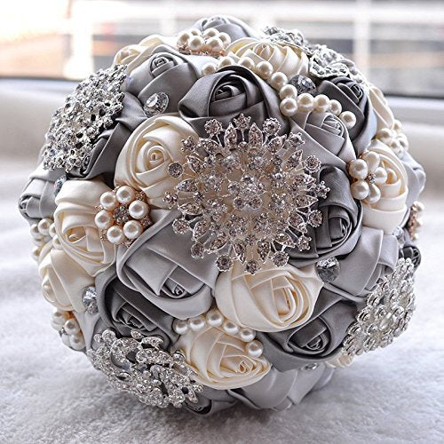S_SSOY Romantic Wedding Bride Holding Bouquet Roses with Diamond Pearl Ribbon Valentine's Day Bouquet Confession (Gray) - color: Grey