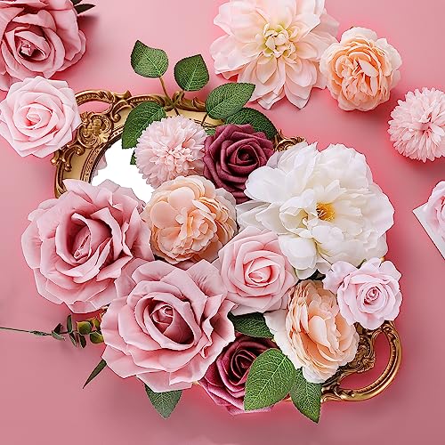 Rose Artificial Flowers Combo Fake Flowers Pink Roses Silk Flowers with Stems for Valentine's Day DIY Wedding Bouquets Centerpieces Arrangements Table Party Baby Shower Home Decor (Champagne Pink) - color: Champagne Pink