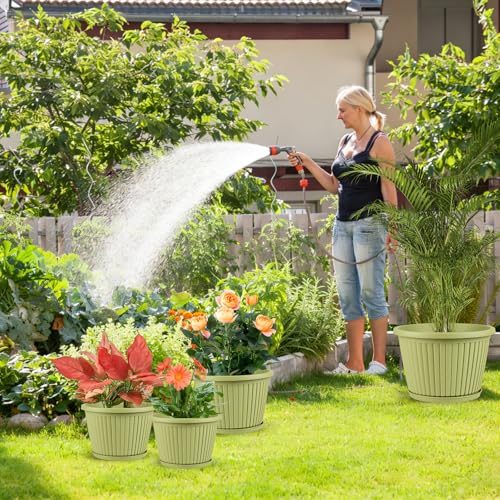14-inch-Large-Planters-for-Outdoor-Plant，Plastic Indoor Flower Pots with Drainage Holes & Saucer，4 Packs Decorative Garden Pots for Plantfor Home Porch Decor - color: Avocado Green, size: 14 inch-4 Pack