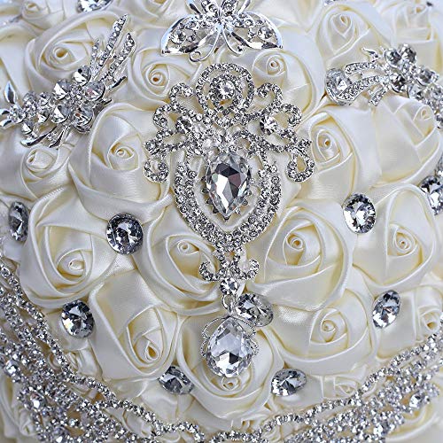 Handmade Luxury Wedding Bridal Bouquet Large Silk Rose Holding Toss Artificial Flowers Bouquets with Satin Ribbon Pearls Rhinestone for Bride Vintage Royal Wedding Bouquet Decor(Ivory) - color: Ivory