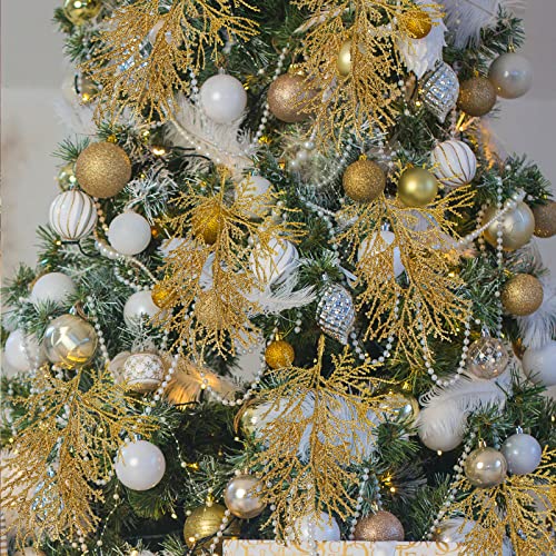 15 Pcs Gold Glitter Artificial Cedar Sprigs Picks Faux Cedar Branches Stems Christmas Tree Picks Sprays 15.4" H for Gold Christmas Tree Wreath Wedding Bouquet Winter Seasonal Holiday Decoration - color: Gold