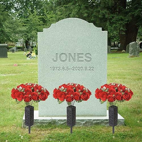 18 Red Silk Artificial Cemetery Rose Flowers for Grave Decorations | Flowers for Cemetery，Memorial decorations,Grave Flowers - color: Red