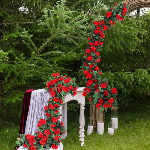 Aneco 12 Pack 96 FT Red Flower Garland Kentucky Artificial Rose Vines Derby Roses Fake Vine Flowers Plants Party Supplies for Kentucky Holiday Wedding Garden Craft Art Decoration - color: Red