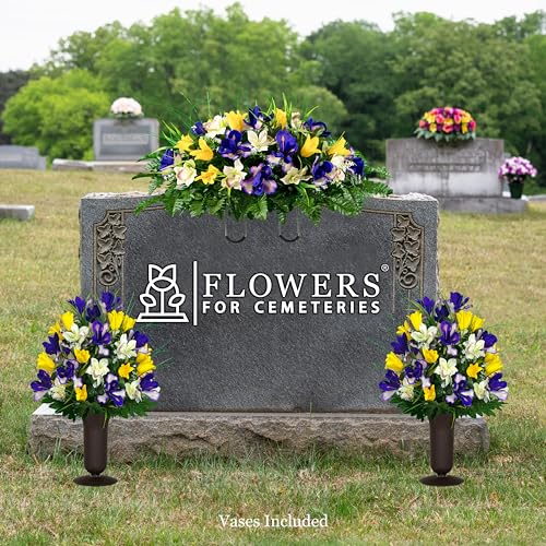 Sympathy Silks Artificial Cemetery Flowers - Grave Decoration - Yellow Tulips and Purple Iris (1) Headstone Saddle (2) Bouquets (2) Vases - color: Yellow/Purple, size: (1) Saddle (2) Bouquets (2) Vases