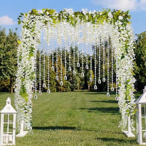 XunYee 16 Pcs Wisteria Artificial Flowers Garland and Crystal Garland Set 4 Pcs Total 72 ft White Silk Wisteria 12 Acrylic Crystal Strands for Wedding Arch Backdrop Home Garden Decor