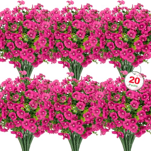 Roberly 20 Bundles Artificial Flowers for Outdoors, Fake Silk Flowers with Plastic Eucalyptus Greenery Stems Realistic Faux Plants for Spring Summer Porch Patio Yard Garden Vase Home Decor, Fuchsia - color: Fuchsia