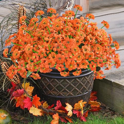 Krissing 48 Bundles Outdoor Artificial Flowers UV Resistant Fake Flowers Faux Plastic Flowers Plants Outside Garden Porch Window Box Fall Decor (Orange) - color: All Orange
