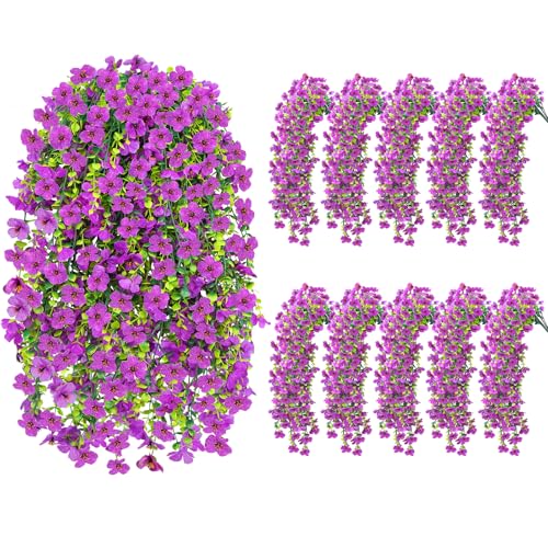 Zythrem 10PCS Purple Artificial Hanging Flowers for Outdoors Summer Faux Silk Daisy UV Resistant Floral Trailing Vine for Outside Planter Front Door Balcony Patio Yard Decor - color: Purple