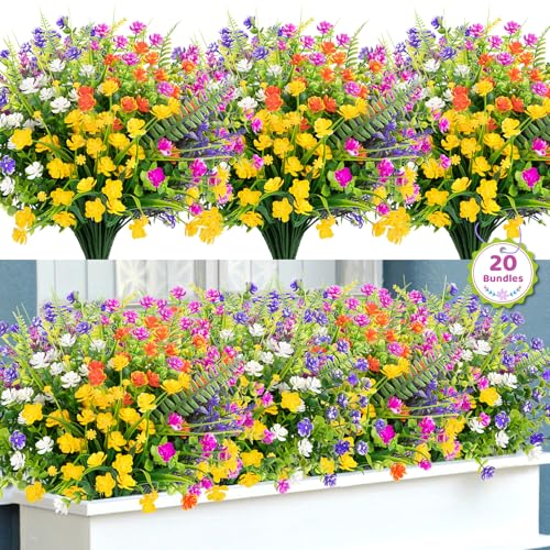 Bassion 20 Bundles Artificial Flowers for Outdoors, UV Resistant Faux Plants Outdoor Indoor Fake Flowers Plastic Greenery Shrubs Eucalyptus Stems for Garden Fence Patio Window Box Porch Pot Decor - color: Mix