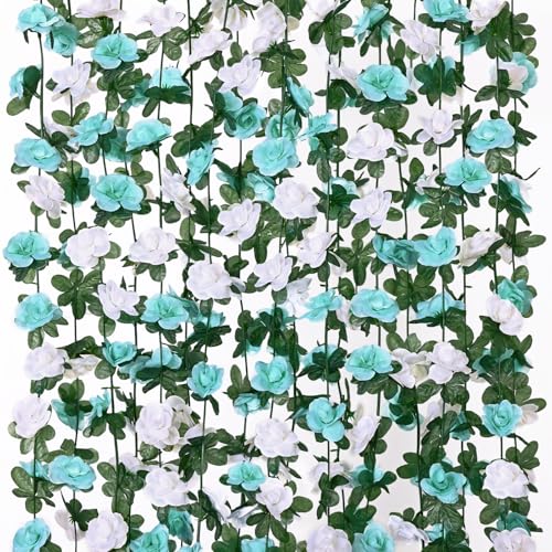 KHOYIME 9 Pack 72 FT Artificial Flower Garland, Fake Blue White Roses Vines Silk Flowers Faux Plastic Outdoor Hanging Floral Ivy Garland Decoration for Wedding Arch Bedroom Home Wall Backdrop Decor - color: Blue and White, size: 9pcs
