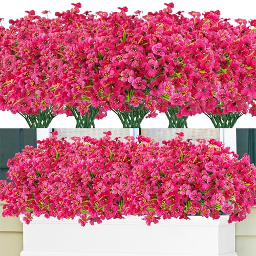 Krissing 48 Bundles Outdoor Artificial Flowers UV Resistant Fake Silk Flowers Faux Plastic Plants Outside Garden Porch Window Box Summer Decoration (Rose Red) - color: Rose Red