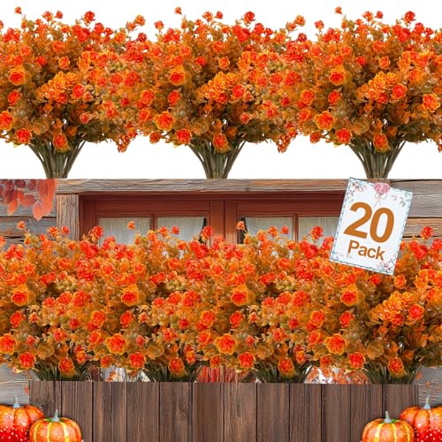 20 Bundles Artificial Fall Flowers for Outdoors Fall Thanksgiving Decorations-UV Resistant Fake Mums Faux Plant Plastic Flowers Gardens Porch Fireplace Home Autumn Decor(Brown Eucalyptus Flower) - color: Brown Eucalyptus Flower, size: 20 Bundles
